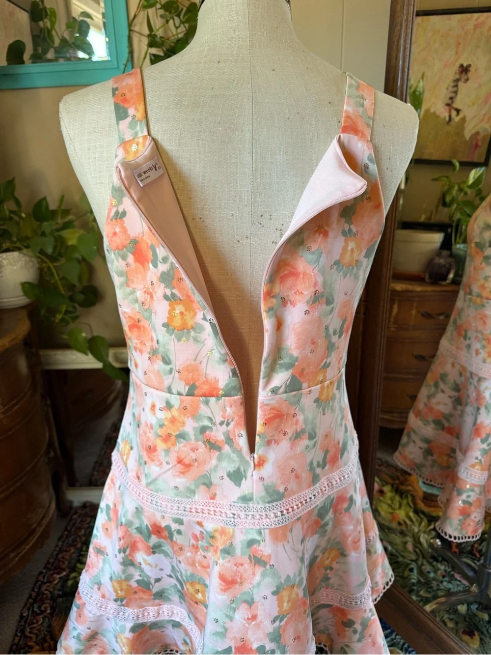Knit Works Big Girls Dress Peach/pink/green Floral 20.5 Plus, Metallic Gold